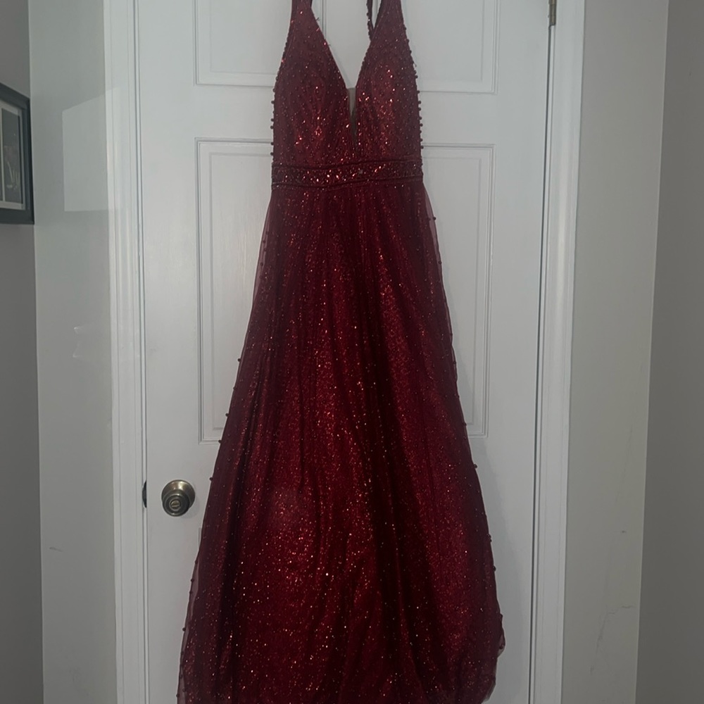 Red beaded prom dress